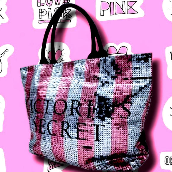 Victoria's Secret Weekender Duffle Travel Bag🎒 Pink Bling Sequin Stripes - Picture 4 of 10